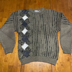 Vintage 90s Gabrielle Grandpa Sweater Leather Accents Chunky Knit Green Size L